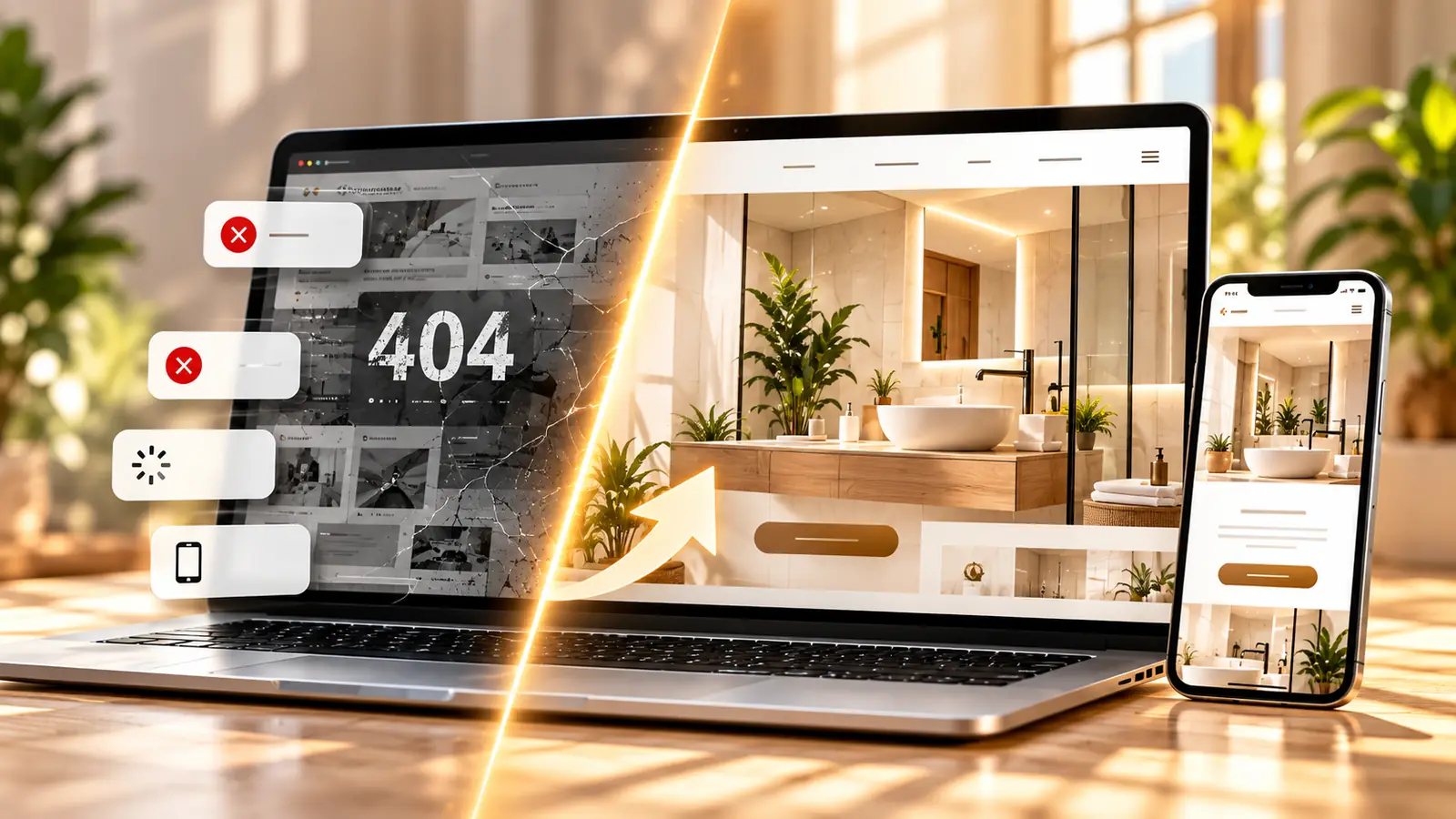 Rozbitý web s chybou 404 vedle opraveného moderního webu na notebooku a telefonu