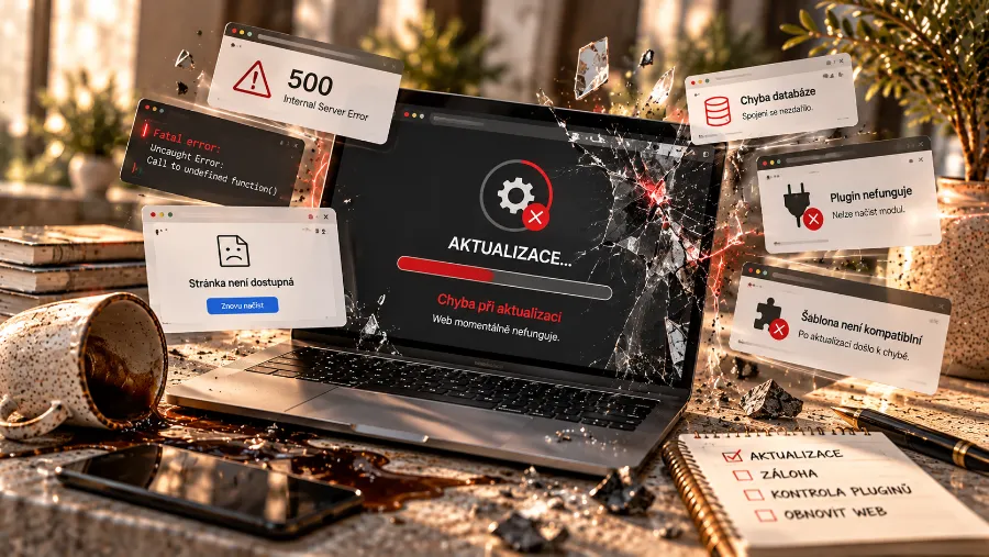 Notebook s chybou aktualizace a hlášeními o rozbitých pluginech