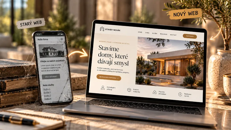 Starý web v mobilu a nový web na notebooku