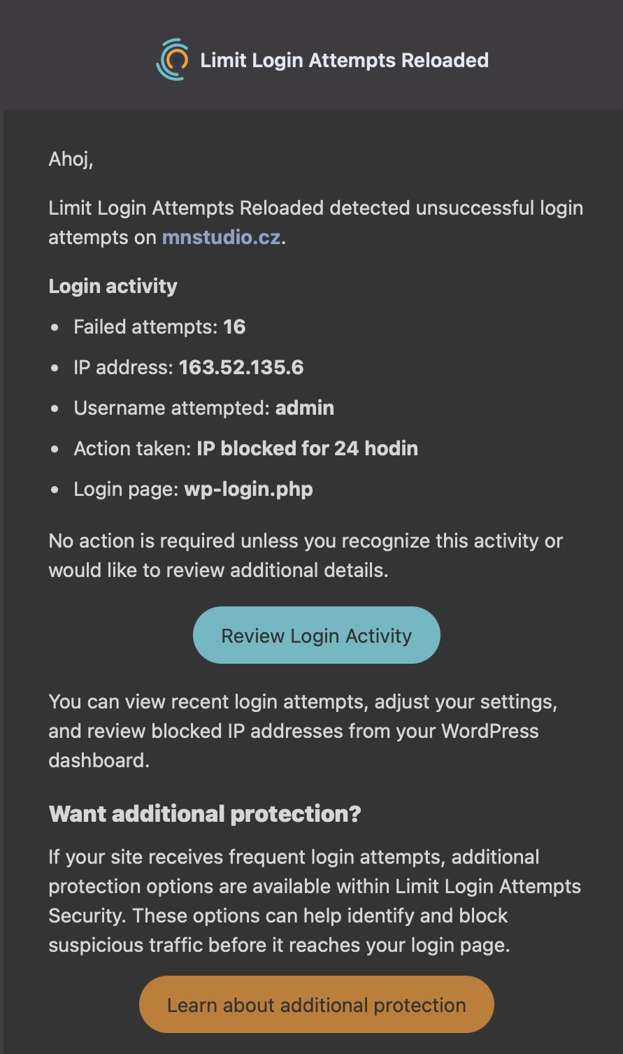 Záznam Limit Login Attempts: 16 neúspěšných pokusů o přihlášení k účtu admin z téže IP 163.52.135.6, blok na 24 hodin