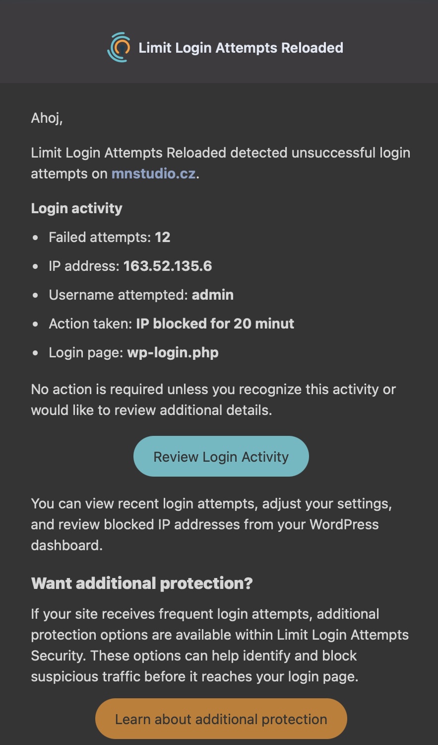 Záznam Limit Login Attempts: 12 neúspěšných pokusů o přihlášení k účtu admin z IP 163.52.135.6, blok na 20 minut