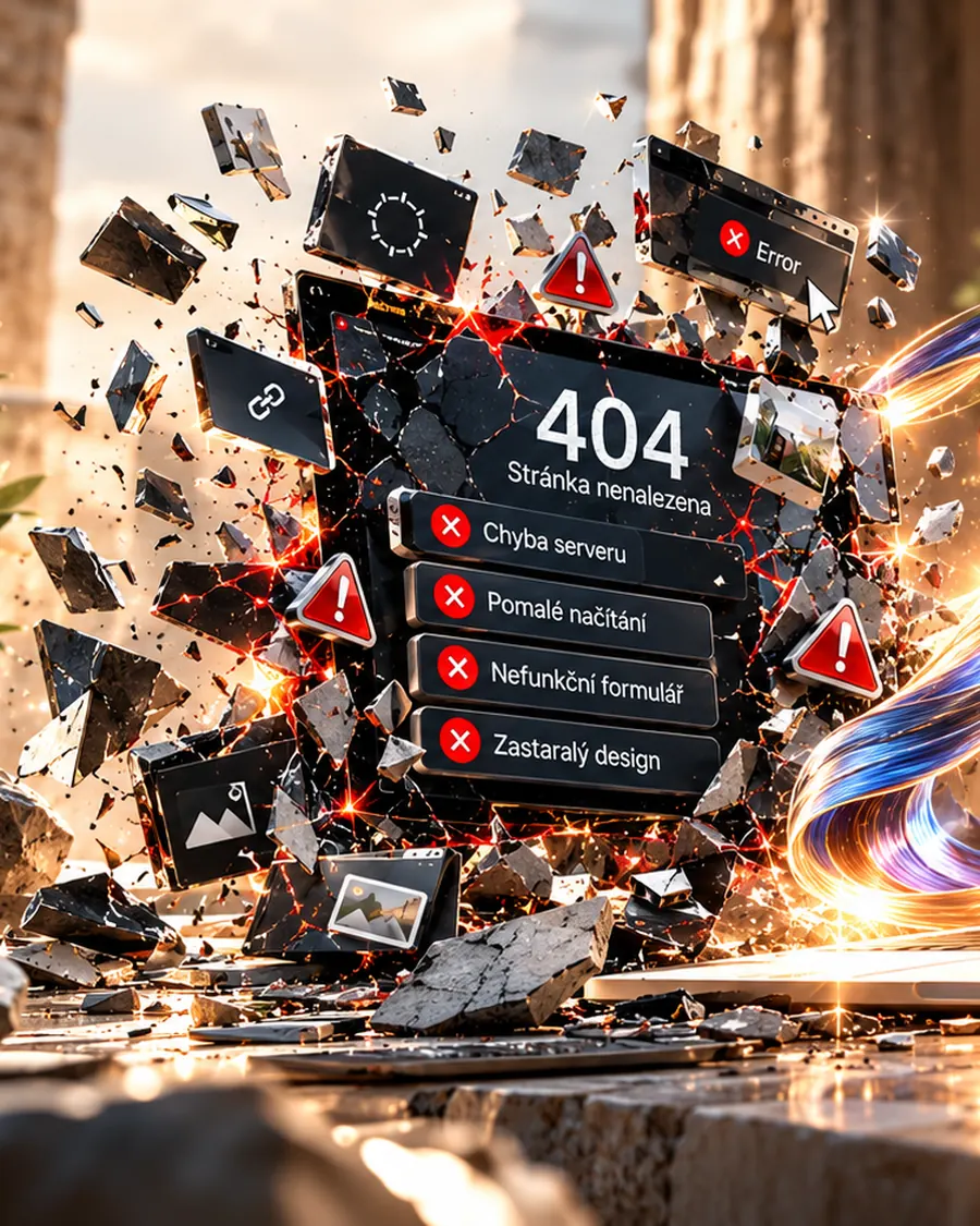 Rozbitá stránka 404 s chybovými hlášeními vedle opraveného moderního webu
