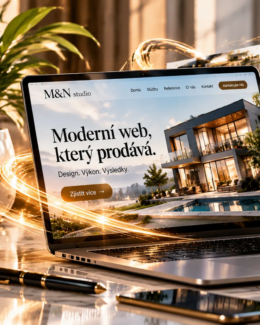 Notebook s moderním webem a ukázky e-shopů a firemních prezentací