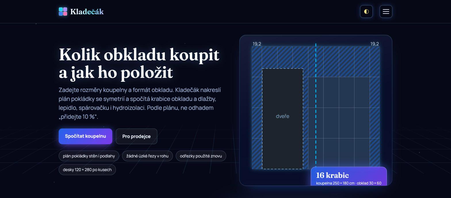 Úvodní stránka Kladečáku v tmavém režimu 2030: plán pokládky obkladu a výpočet krabic